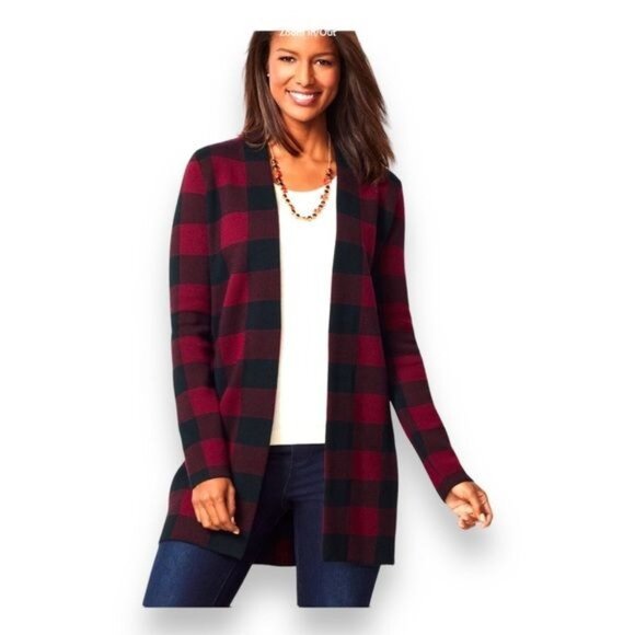 Talbots Women’s Open Front Pure Merino Wool Buffalo Plaid Sweater Cardigan - Picture 1 of 7